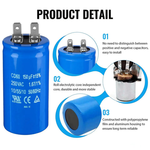 150uF Motor Start Capacitor CD60 For 250VAC Electric Motors 50/60Hz, blue polypropylene film and aluminum shell