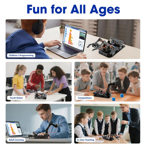 4DOF robotic arm kit for kids; Arduino IDE compatible desktop STEM toy with joystick control