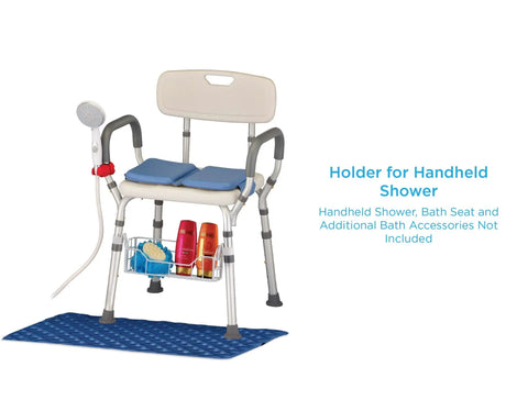 Handheld Shower Holder Attachment With Universal Mount For Bath Seats Transfer Benches Bath Stools And Shower Commodes No Fuss Adjustable Secure Easy Install Bathroom Accessibility Accessory installed on bath seat.