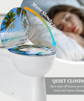 Upgrade Your Bathroom Game Zero Sweat Install With This Durable Resin Toilet Seat Cover Sporting A Tropical Thatched Umbrella Motif with quiet closing feature.