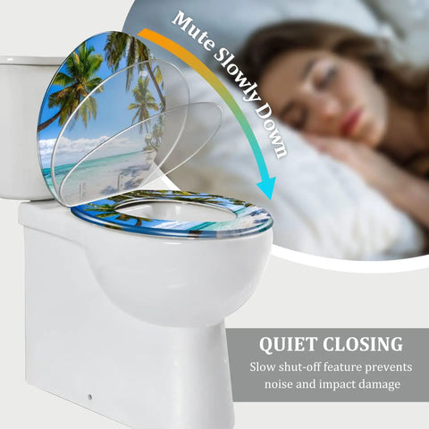 Upgrade Your Bathroom Game Zero Sweat Install With This Durable Resin Toilet Seat Cover Sporting A Tropical Thatched Umbrella Motif with quiet closing feature.