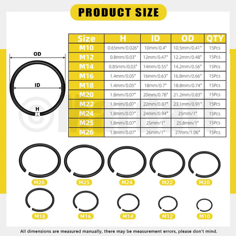 150 Piece Round Wire Snap Ring Assortment Kit With 10 Sizes From 10mm To 26mm Internal C Clips for Shafts size chart and rings
