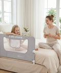 Foldable Bed Rail for Toddlers Swing Down 71 Inch Bed Guard With Stable Base in bedroom with child and mother