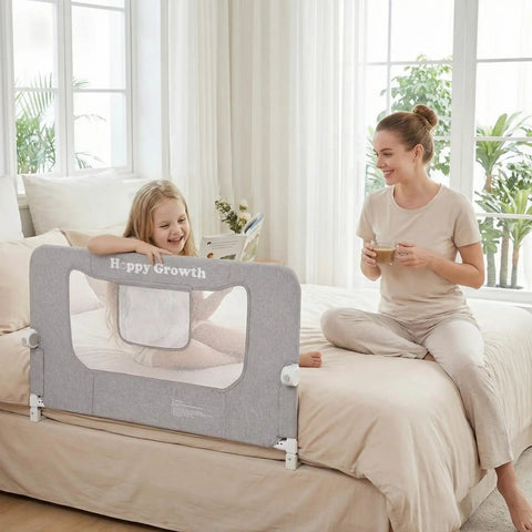 Foldable Bed Rail for Toddlers Swing Down 71 Inch Bed Guard With Stable Base in bedroom with child and mother