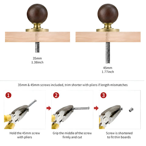 The Real Deal Natural Walnut And Antique Brass Cabinet Knobs Six Pack Hella Sturdy Round Ball Handles For Kitchen Drawers Swingin Smooth Daily Easy Peasy Install For Home Renovations with 35mm and 45mm screws.