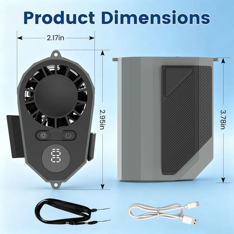 Beast Mode Portable Waist And Neck Fan With 14000 RPM Airflow, dimensions show 2.95in height and 2.17in width, includes USB cable and lanyard.
