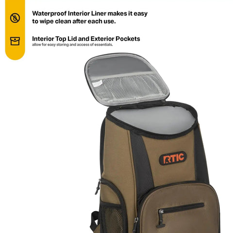Lightweight 15 Can Backpack Cooler Insulated Bag Olive Green with open mesh top lid and side pockets for easy access.