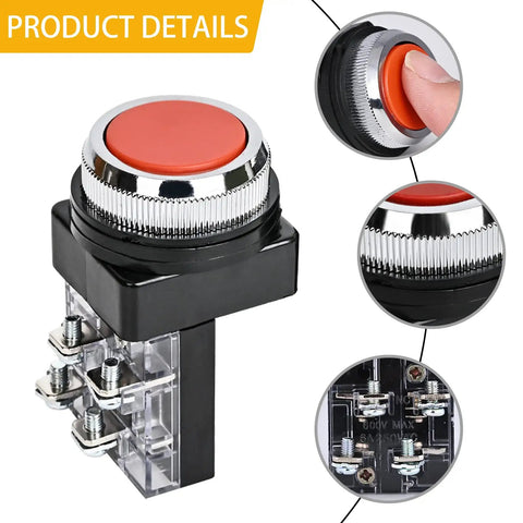 DPST 30mm Momentary Mushroom Head Push Button Switch for Industrial Control 1NO 1NC AC 250V 6A Heavy Duty Smooth Action