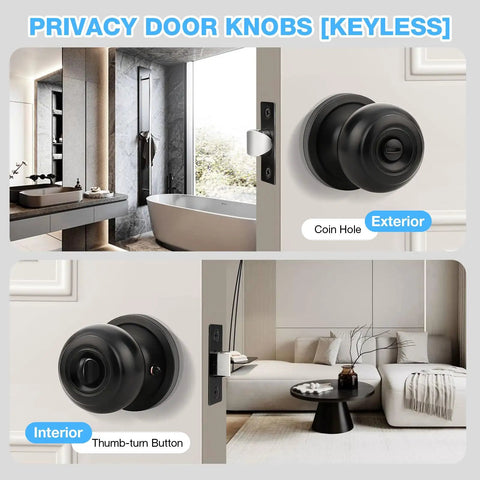 Six Pack Matte Black Interior Door Knobs For Bedroom And Bathroom Privacy Round Ball Design Flat Black Doorknobs With Keyless Install