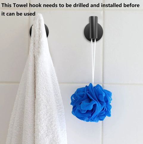 Four Pack Black Stainless Steel Towel Hooks Wall Mounted Heavy Duty Coat Robe Hanger with towel and loofah in bathroom