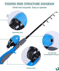 Diagram of a blue telescopic fishing rod with adjustable drag, part of Two Pack Kid Friendly Fishing Pole Kit With Portable Telescopic Rod Tackle Box Nets And Buckets Outdoor Adventure Ready Fishing Set For Boys And Girls And Youth