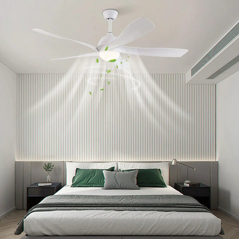 Ceiling Fan with Light and Handheld Controller 6 Speeds Modern Indoor for in white, featuring 5 blades and green accents in a bedroom setting.