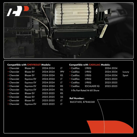 Shop Grade HV HVAC Heater Blower Motor Assembly compatible with Chevy Equinox EV and Cadillac Lyriq, 2024-2025 models.