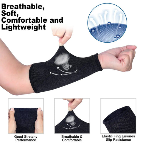 Cut Resistant Arm Sleeves With Level 5 Protection And 10 Inch Length, showcasing stretchiness and breathability in black sleeve.