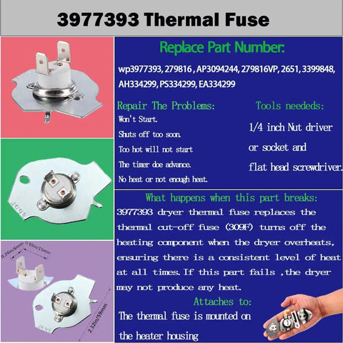 3977393 thermal fuse for dryers, part of Dryer Thermostat And Thermal Fuse Kit With 3387134 Thermostat And 3977393 3392519 Fuses