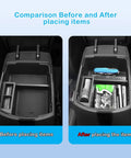 Comparison of Seltos Center Console Organizer Tray fits Kia Seltos 2020 to 2026, before and after organizing items in the armrest box.