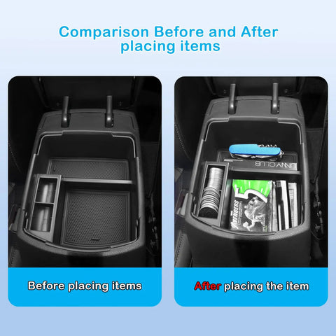 Comparison of Seltos Center Console Organizer Tray fits Kia Seltos 2020 to 2026, before and after organizing items in the armrest box.