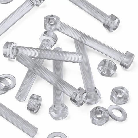 Kickass Clear Acrylic Hex Bolt Fastener Kit Paired With Nuts And Washers M8 X 60mm Knockout Transparent Hardware Pack detailing clear acrylic bolts and nuts.