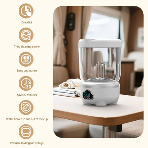 Mini Portable Washing Machine for Socks and Undies 1.6L Cordless USB Rechargeable Battery Operated Compact Laundry Washer on a table.