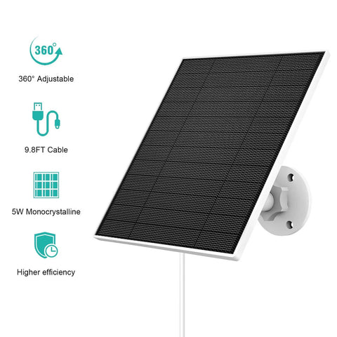 5W Solar Panel Charger For Wyze Battery Cam Pro And Wyze Outdoor V1 V2 With USB C Port IP65 Waterproof on adjustable mount