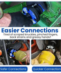 Built Tough PTO Quick Connect Quad Bundle For Tractors 35 To 130 HP Fast Attach With One Female Tractor Coupler And Three Male Implement Couplers shown connecting to tractor.