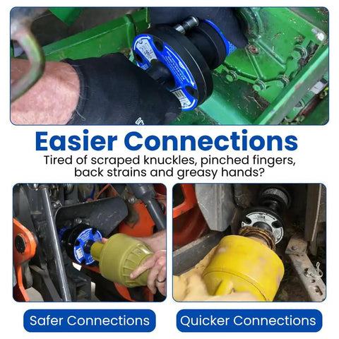 Built Tough PTO Quick Connect Quad Bundle For Tractors 35 To 130 HP Fast Attach With One Female Tractor Coupler And Three Male Implement Couplers shown connecting to tractor.