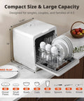 Compact Countertop Dishwasher With Built In Water Tank And Softener, showing large capacity with plates and cups inside.