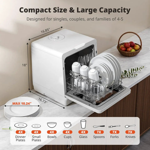 Compact Countertop Dishwasher With Built In Water Tank And Softener, showing large capacity with plates and cups inside.