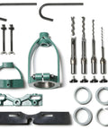 Mortising attachment kit for drill press with green cast-iron frame, bits, clamps, rings, and mounting hardware.