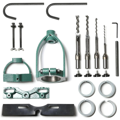 Mortising attachment kit for drill press with green cast-iron frame, bits, clamps, rings, and mounting hardware.