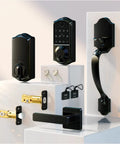 Eight In One Fingerprint Smart Door Lock With Integrated Touchscreen Keypad And Heavy Duty Zinc Alloy Handle Designed For Seamless Keyless Entry Hella Secure Matte Black Edition displayed with keys and components.