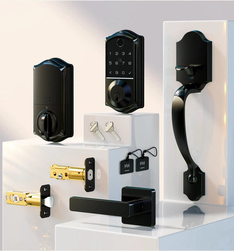 Eight In One Fingerprint Smart Door Lock With Integrated Touchscreen Keypad And Heavy Duty Zinc Alloy Handle Designed For Seamless Keyless Entry Hella Secure Matte Black Edition displayed with keys and components.