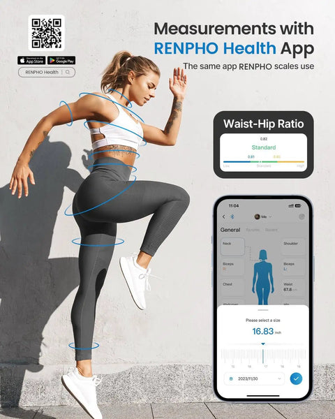 Woman using Smart Body Measuring Tape With Bluetooth App, Retractable 60In Tape Measure For Waist, Hips, Bust, And Arms, Muscle Gain Tracking And Weight Loss Progress, Easy Read Numbers, Graph Your Gains Over Time.
