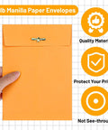 Hand holding 5x7 yellow clasp Manila envelope with quality material icons; 200 Pack 5 By 7 Inch Clasp Manila Envelopes With Gummed Closure 28 Lb Paper Yellow Office Mailer Envelopes For Home And Biz Use Great For Storing And Mailing Documents