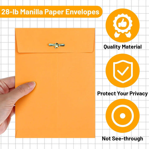 Hand holding 5x7 yellow clasp Manila envelope with quality material icons; 200 Pack 5 By 7 Inch Clasp Manila Envelopes With Gummed Closure 28 Lb Paper Yellow Office Mailer Envelopes For Home And Biz Use Great For Storing And Mailing Documents