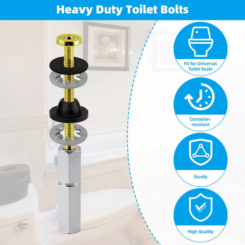 Universal Toilet Seat Bolts Kit, 2 Pack, Heavy Duty Solid Brass With Extra Long Stainless Downlock Nuts and Rubber Washers