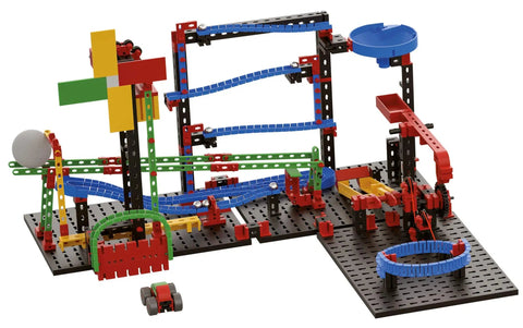Advanced Funny Machines Construction Kit With 585 Parts For Building 3 Dope Models Like Marble Run And Cable Car Courses Trigger Domino Effects Launch A Catapult And Easily Integrate Dominoes Or Other Toys For Endless STEM Fun. assembled marble run and domino course with ramps, tracks, and catapult