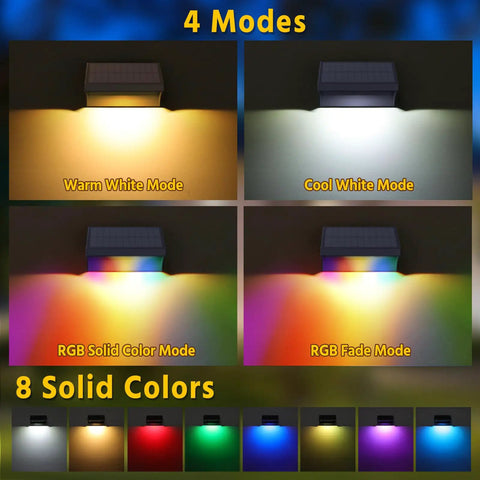 Six Pack Solar Fence Lights Waterproof LED Wall Mount for Deck Patio Railing Stairs with 1500mAh Battery RGB Warm Cool White