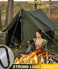 Camp scene with tent; inset 2.36 Inch Heavy Duty Aluminum D Carabiner Clips And Key Rings Set Of 50 Black Corrosion Resistant Keychains.
