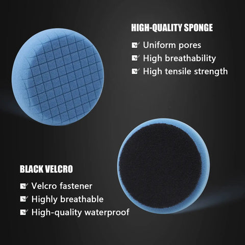 Drill Polishing Pads Kit Pro Grade With 20 Pcs 3 Inch Foam Buffing Pads, blue sponge pad with black Velcro backing shown.