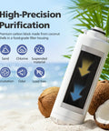 Replacement Water Filter Compatible With 51300C EWF3000 EZH2O Bottle Filling Stations next to coconuts on beach