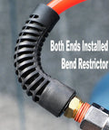 Premium Reinforced Polyurethane Air Hose For Air Compressors 1/4 Inch Diameter By 25 Feet Long showing installed bend restrictor.