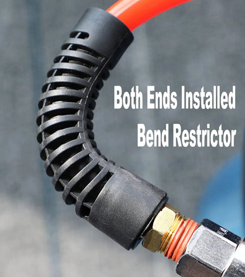 Premium Reinforced Polyurethane Air Hose For Air Compressors 1/4 Inch Diameter By 25 Feet Long showing installed bend restrictor.
