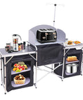 Foldable Camping Kitchen Table With Light Stand And Windshield Portable Grill Station 3 Organizers Carry Bag For Outdoor Cooking Beach BBQ Picnic Indoor Office Use showing complete setup with storage pockets.