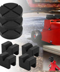 Universal Jack Stand Pads And Floor Jack Rubber Pad Kit, 7-Piece Combo, non-slip adapters next to red floor jack, 3 ton support