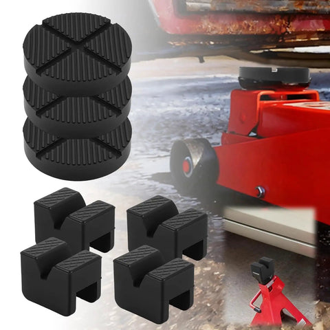 Universal Jack Stand Pads And Floor Jack Rubber Pad Kit, 7-Piece Combo, non-slip adapters next to red floor jack, 3 ton support
