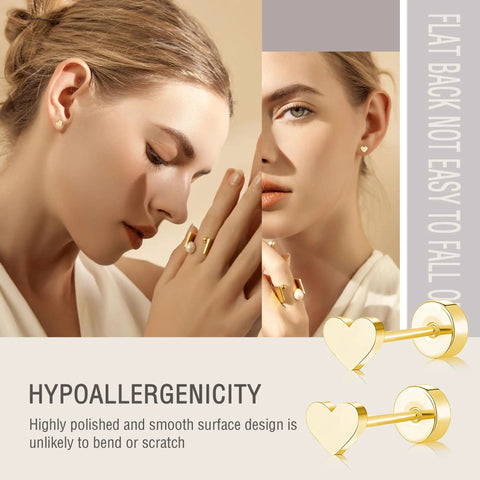 Heart Shaped Titanium Stud Earrings With Flat Back For Sensitive Ears 5mm Gold Tone Screw On Cartilage Earrings Hypoallergenic Nickel Free Lightweight Everyday Wear For Women And Men Skin Safe, worn in ear close-up