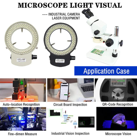 Pro Grade Microscope LED Ring Light Illuminator For Stereo Microscope And Camera Adjustable 144W 6000K Daylight Shadow Free Illumination Wide 90V To 240V Power US Plug Mounts Up To 2.48 Inches Black application and components displayed