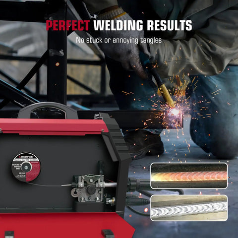 Pro Grade 0.030 Inch ER308L Stainless MIG Wire 2 Pound Spool in action with welder and sparks, compatible with Lincoln Miller welders