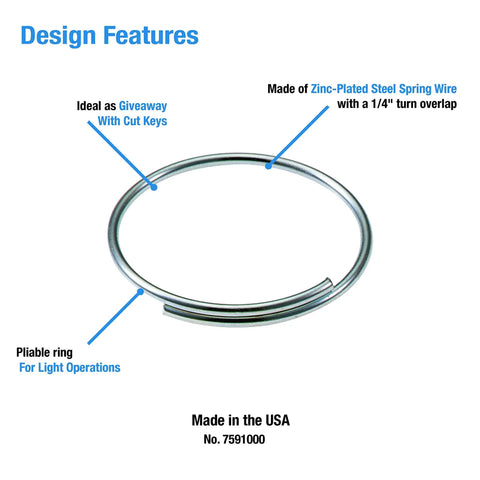 One Inch Diameter Giveaway Key Ring Pack Of 1000 In Silver Finish Zinc Plated Steel Spring Wire With A One Quarter Turn Overlap close-up view